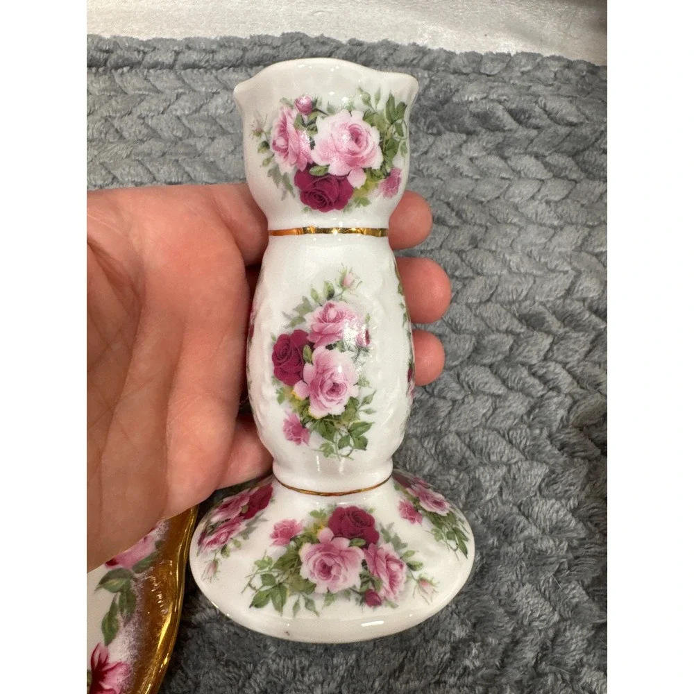 Salisbury Bone China England Pink Rose‎ Candlesticks and Scalloped Dish Set 3pc